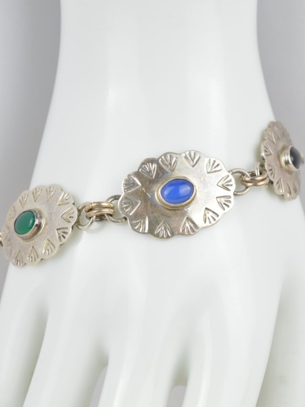 Vintage Mexico Sterling Silver Multi Gemstone Concho Link Bracelet 925 7.75" 26g